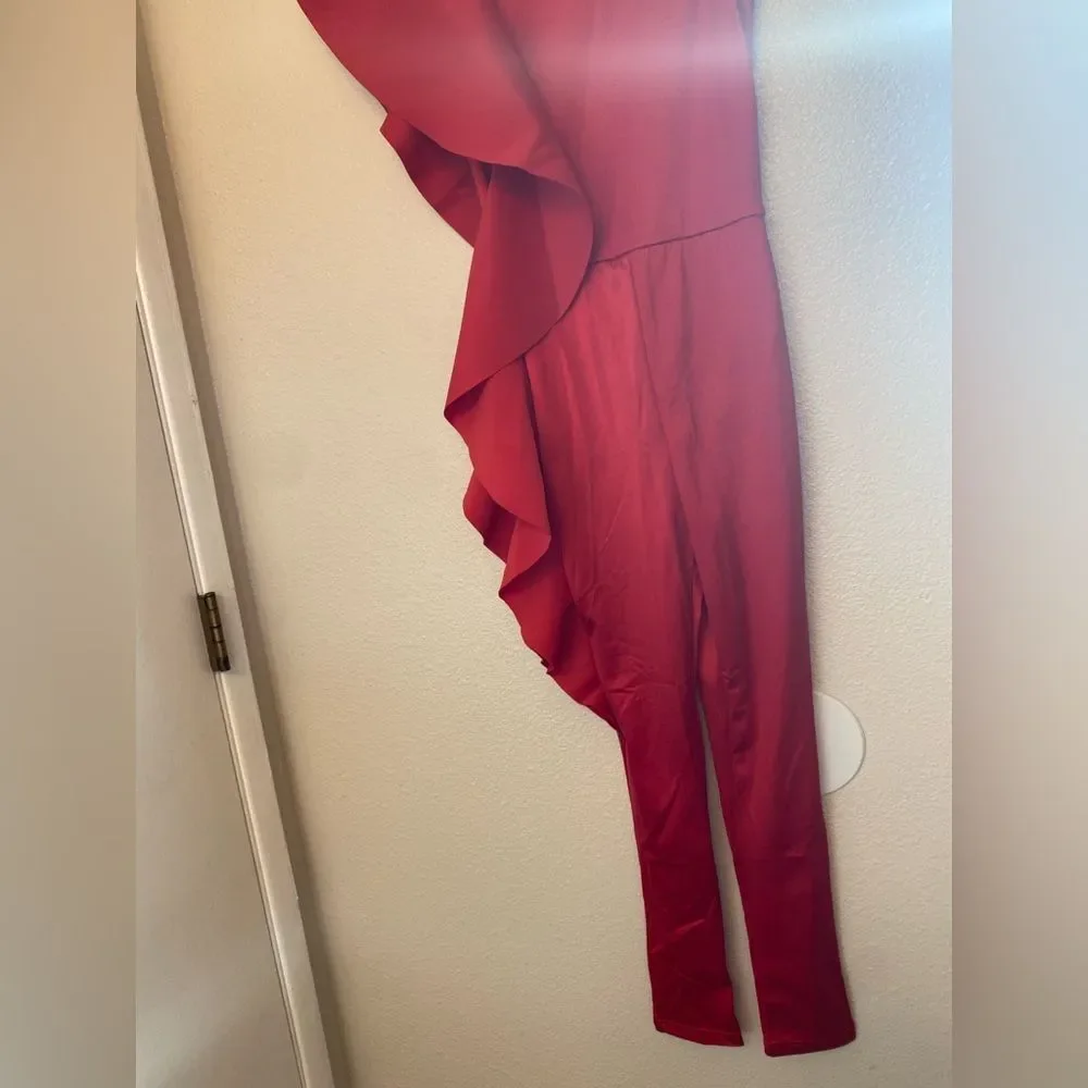 WEISSMAN Dance Costume red asymmetrical ruffl jumpsuit My Little Love 14436 XSA